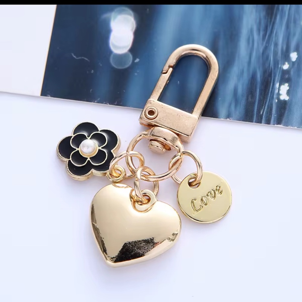 Gold Heart with Black Flower Bag Charm/Keychain